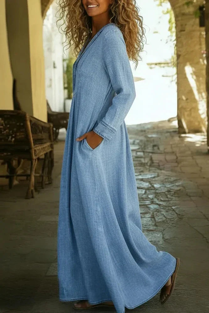 V-Neck Long Sleeve Loose Pleated Maxi Dress