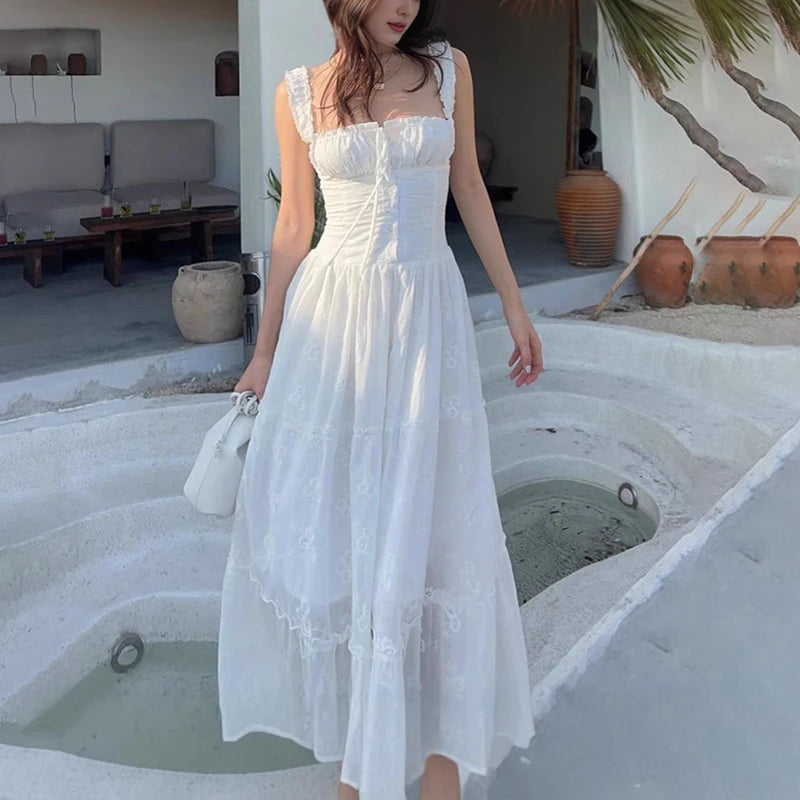 Glorol - Lace Up Square Collar High Waisted Maxi Dress