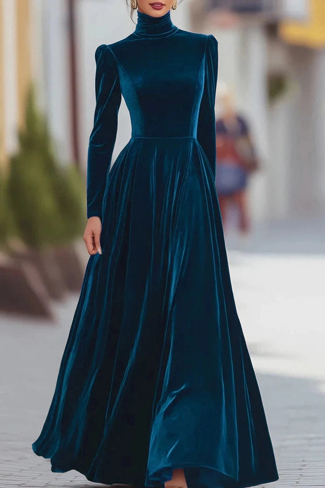 Glorol - Elegant High Collar Long Sleeve Slim Pleated Maxi Dress