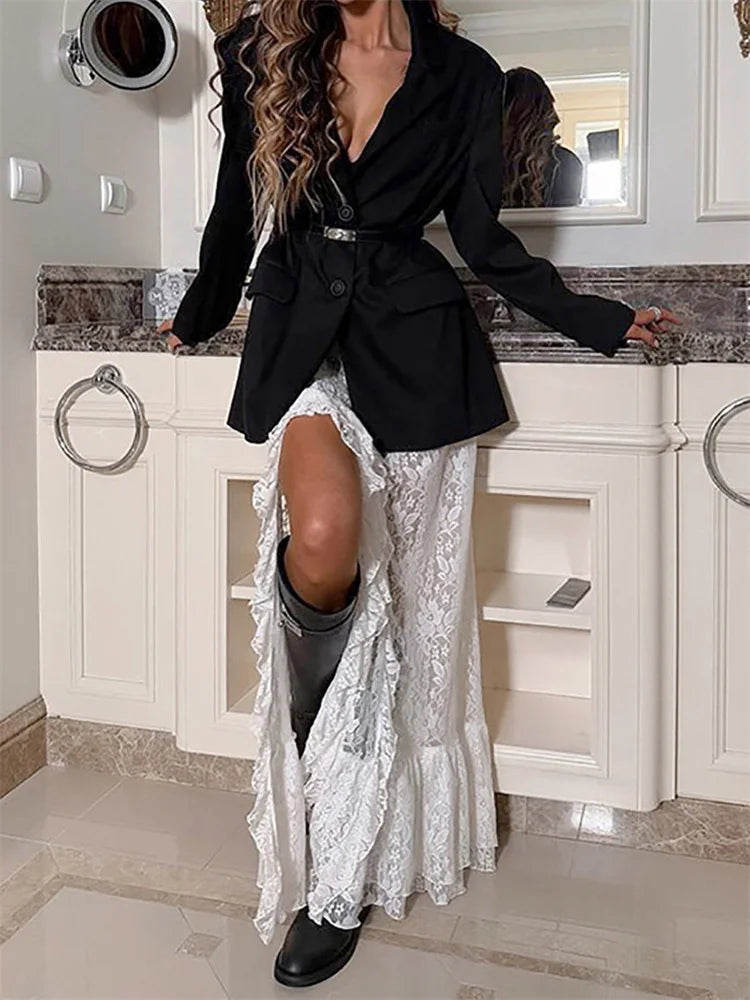 Glorol - High Waist See-Through Lace Hollow Out Skirt