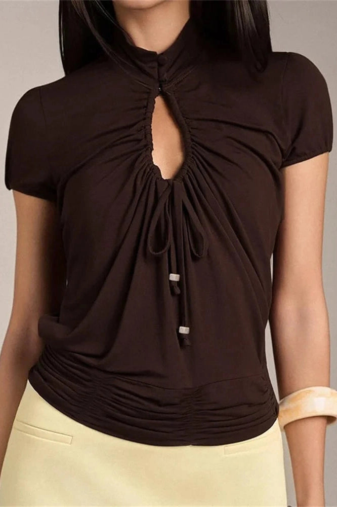 Glorol - Hollow Out Lace-Up Pleated Short Sleeve Top