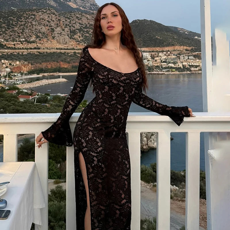 Glorol - Hollow out Lace Slim Maxi Dress
