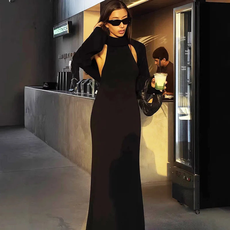 Glorol - Sleeveless High Neck Backless Patchwork Maxi Dress