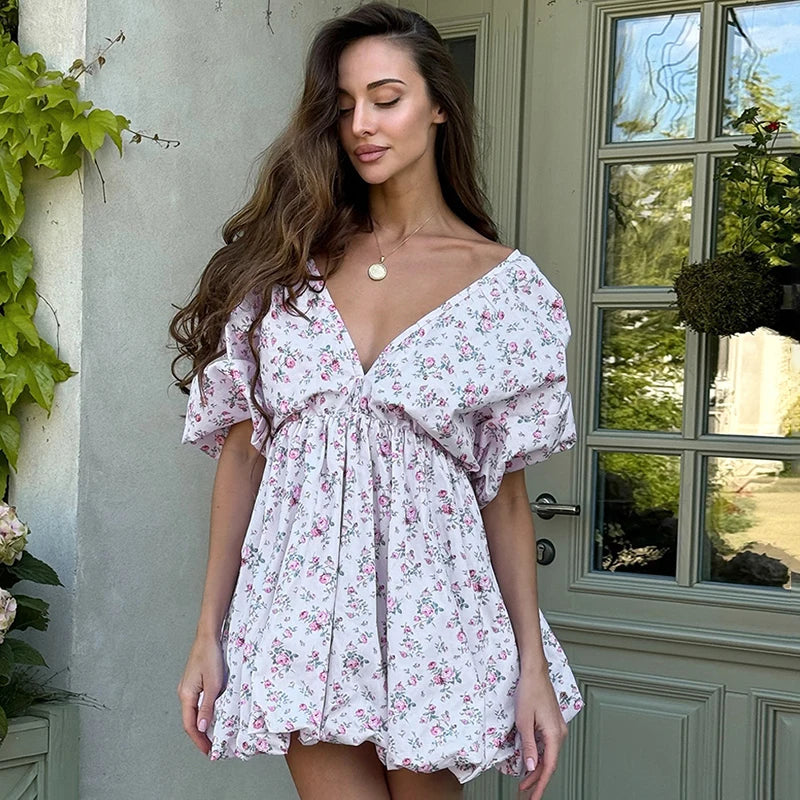 Glorol - Printed Deep V-Neck Puff Sleeve Lace-Up Mini Dress