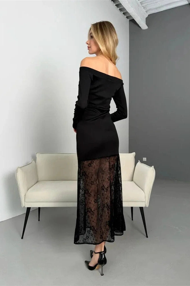 Glorol - Lace Printed See-Through Patchwork Maxi Dress