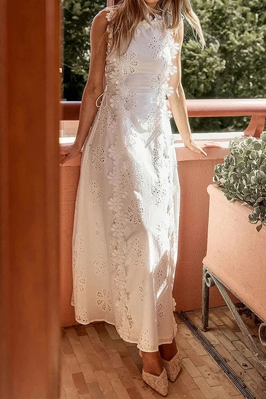 Glorol - Elegant Hollow Out Lace Embroidery Sleeveless Maxi Dress