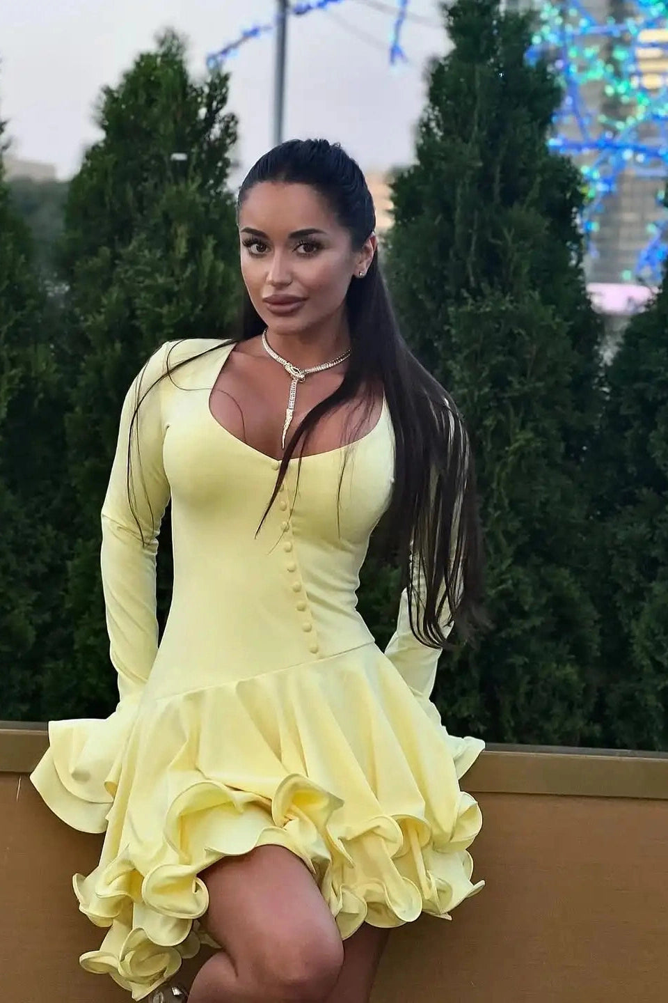Glorol - Long Sleeve Slim Single-Breasted V-Neck High Waist Mini Dress