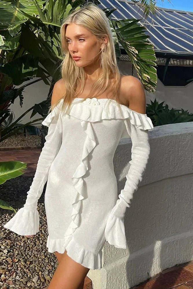 Glorol - Elegant Knitted Long Sleeve Slim V Neck Mini Dress