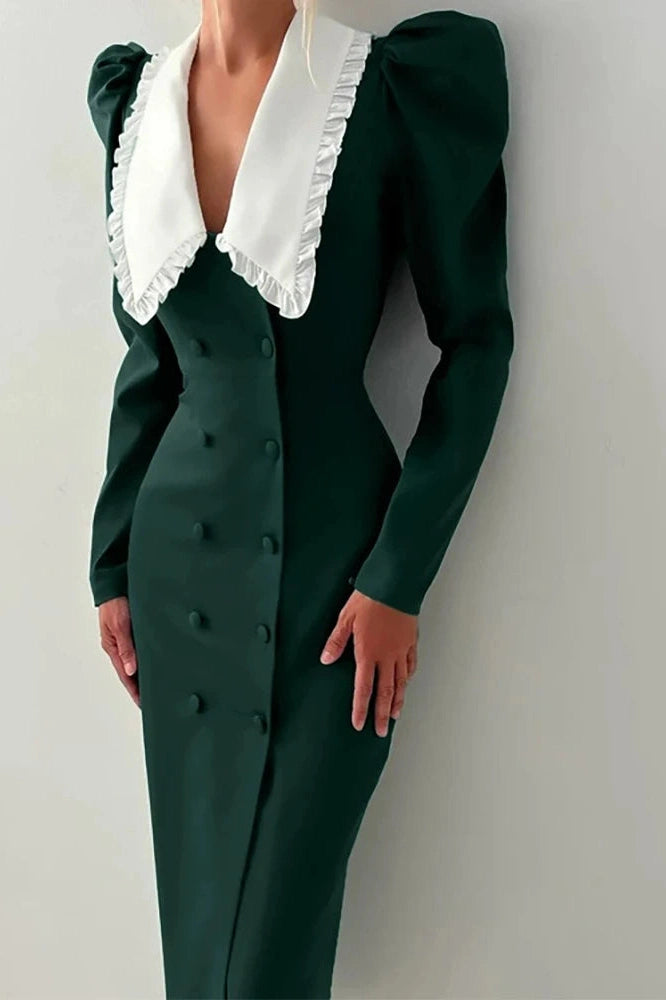 Glorol - Elegant Long Sleeve Double Breasted Midi Dress