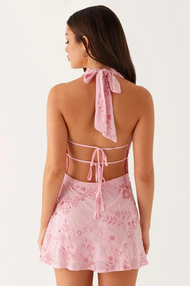 Glorol - Printed Deep V Neck Sleeveless Backless Lace-Up Mini Dress