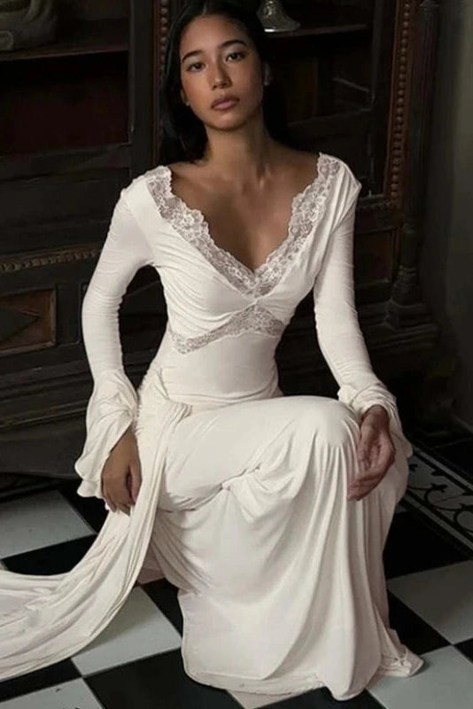 Glorol - Lace V-Neck Sleeves Patchwork Slim Maxi Dress