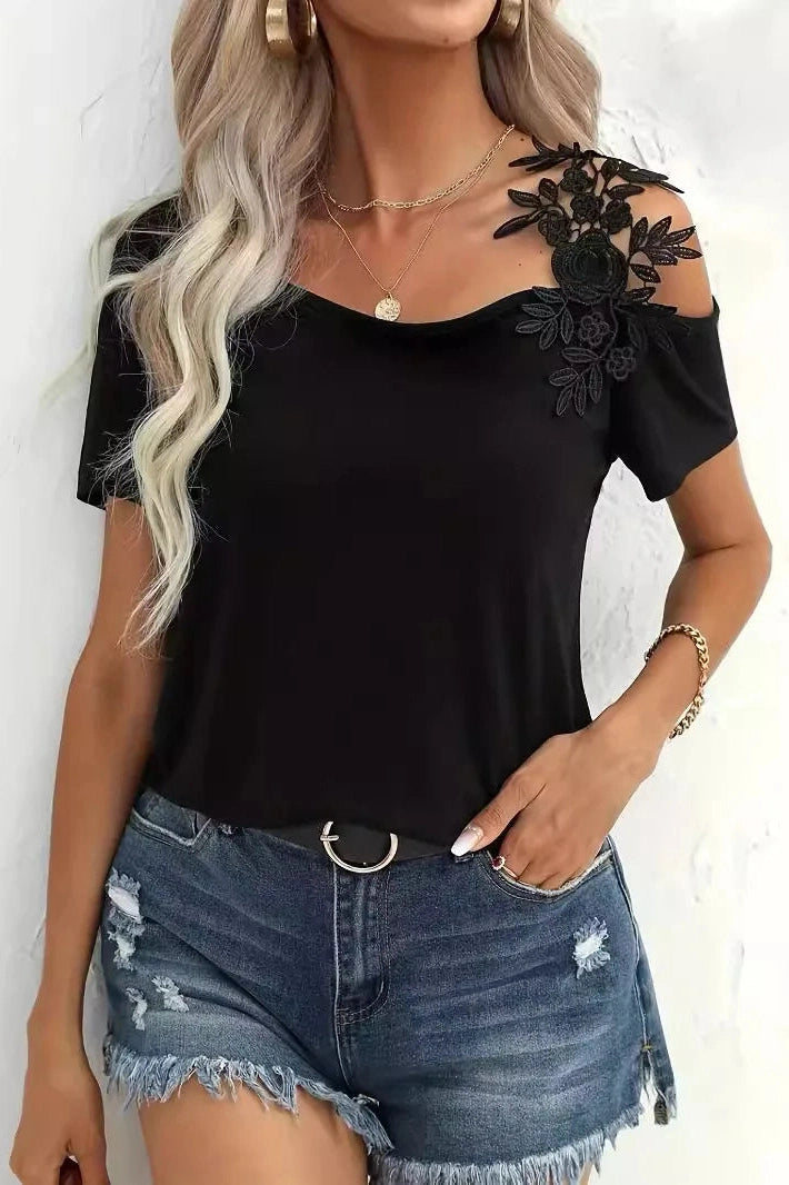 Glorol - Short-Sleeved Embroidered Shoulder Straps Top