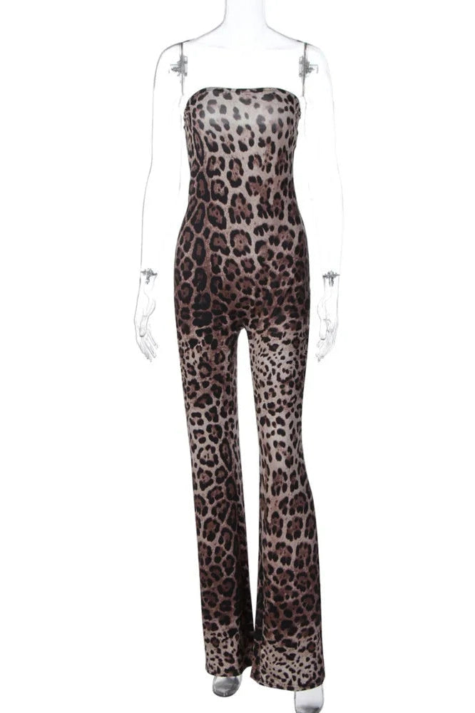 Glorol - Leopard Print Strapless Off-Shoulder Jumpsuit