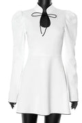 Glorol - Hollow Out Puff Sleeve Lace Up A-Line Mini Dress
