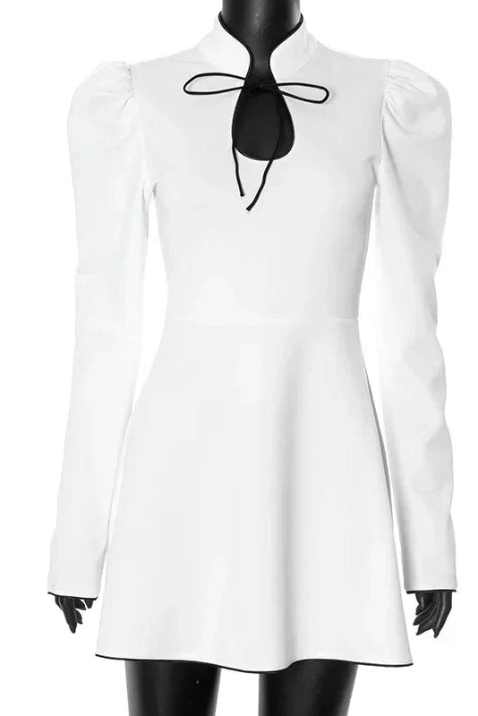 Glorol - Hollow Out Puff Sleeve Lace Up A-Line Mini Dress
