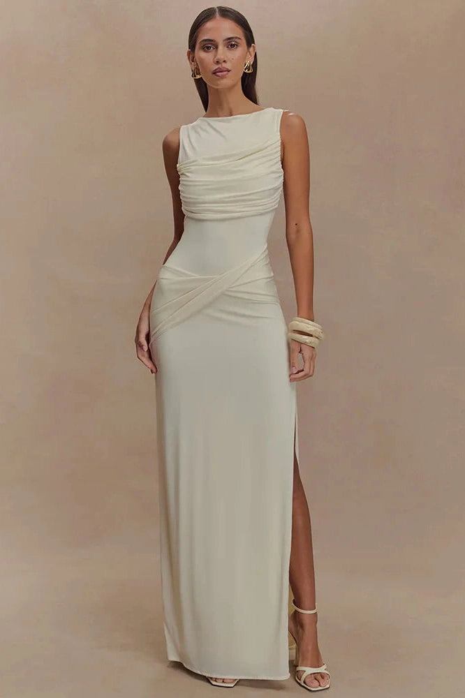 Glorol - Backless O Neck High Split Bodycon Maxi Dress