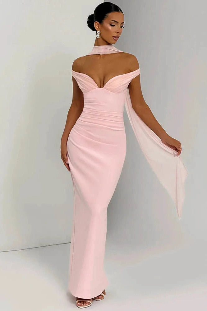 Glorol - Scarf Collar Off-Shoulder Strapless Backless Maxi Dress