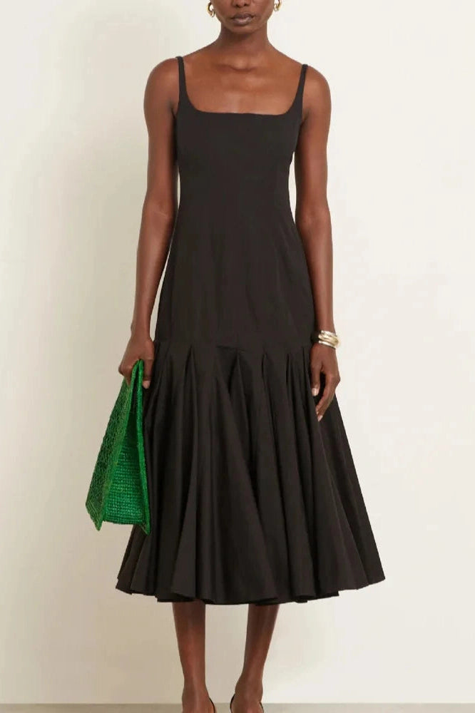 Glorol - Spaghetti Strap Backless Sleeveless High Waist Pleated Midi Dress
