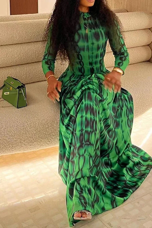 Glorol - Printed Long Sleeve Slim High Waist Pleated Maxi Dress