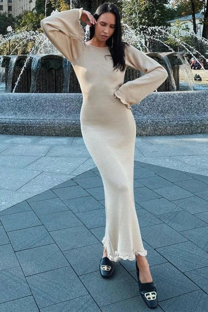 Glorol - Knitted Backless Lace Up High Waist Maxi Dress