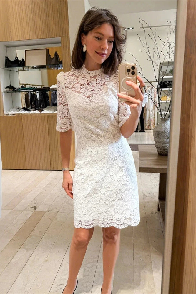 Glorol - See-Through Lace Patchwork Short Sleeve Mini Dress