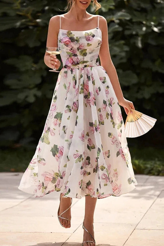 Glorol - Slash Neck Printed Sleeveless High Waist Pleated Midi Dress