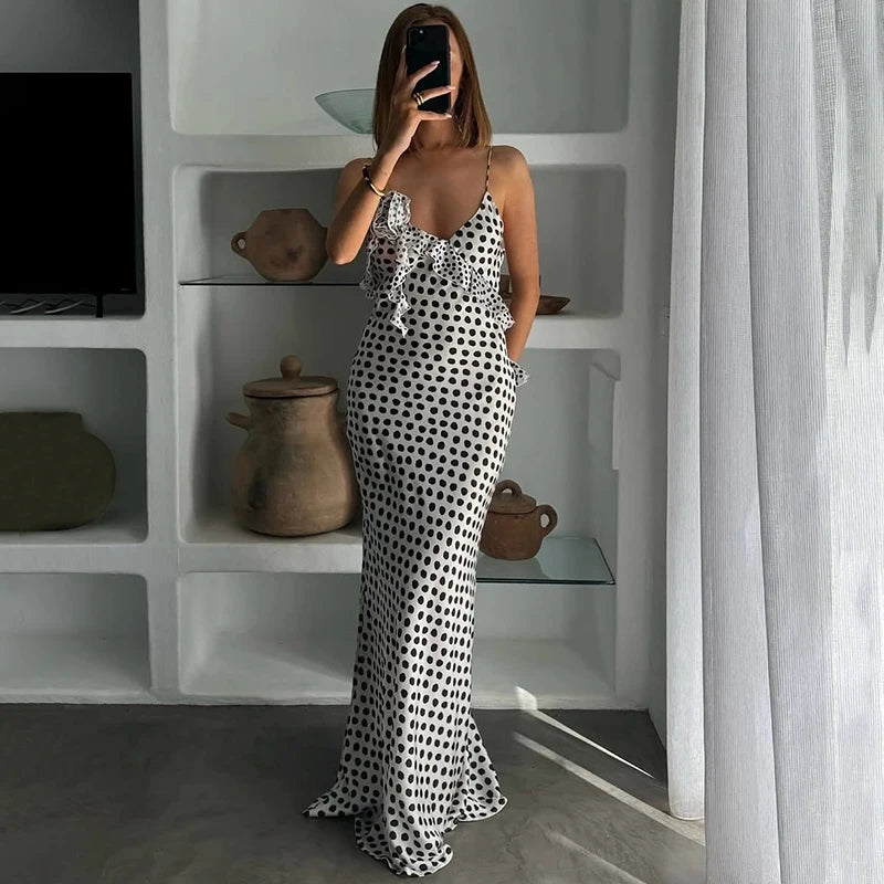 Glorol - Polka Dots V-Neck Backless Printed Maxi Dress