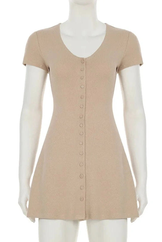 Glorol - Elegant Knitted V Neck Short Sleeve Mini Dress