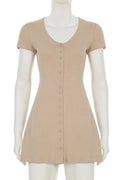 Glorol - Elegant Knitted V Neck Short Sleeve Mini Dress