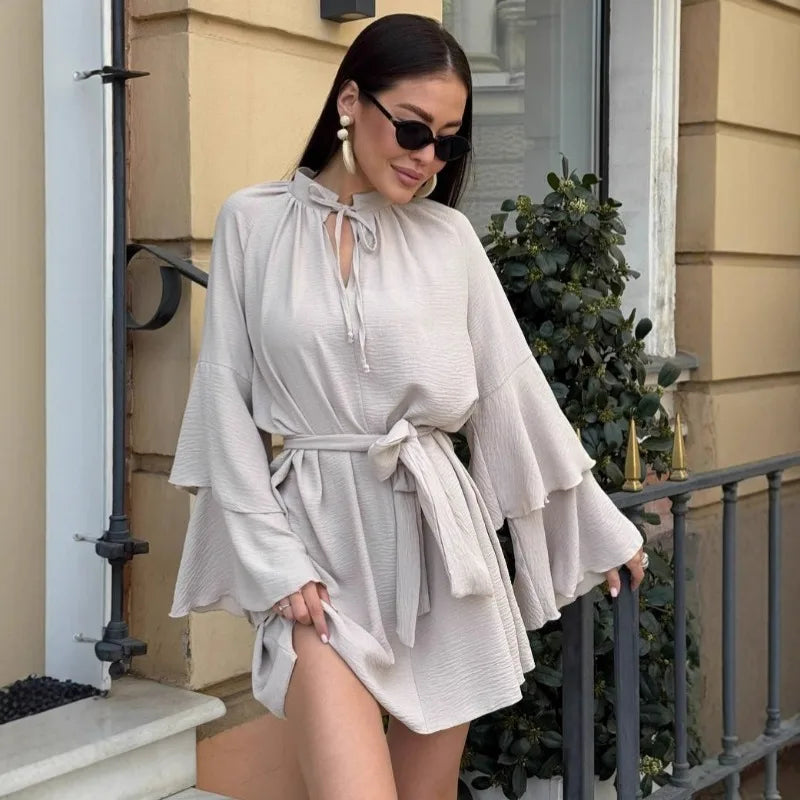 Glorol - Elegant V-Neck Lace Up Pleated Mini Dress
