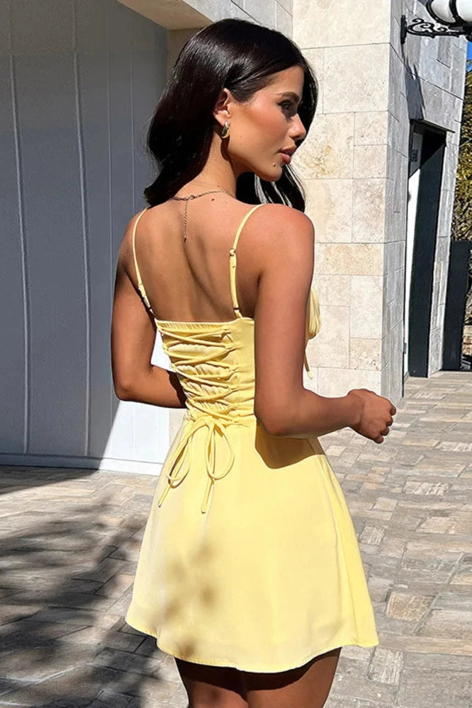 Glorol - Spaghetti Strap Lace-Up Sleeveless Backless High Waist A-Line Mini Dress