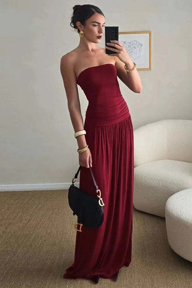 Glorol - Off-Shoulder Strapless Pleated Sleeveless High Waist Maxi Dress