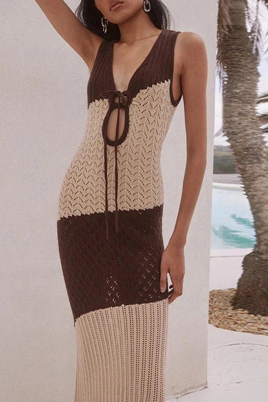 Glorol - Hollow Out Sleeveless Stripe Print V-Neck Maxi Dress