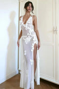 Glorol - See-Through Slim High Split Backless V-Neck Maxi Dress