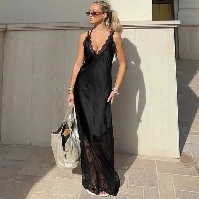 Glorol - Spaghetti Strap Lace Backless Slim Maxi Dress