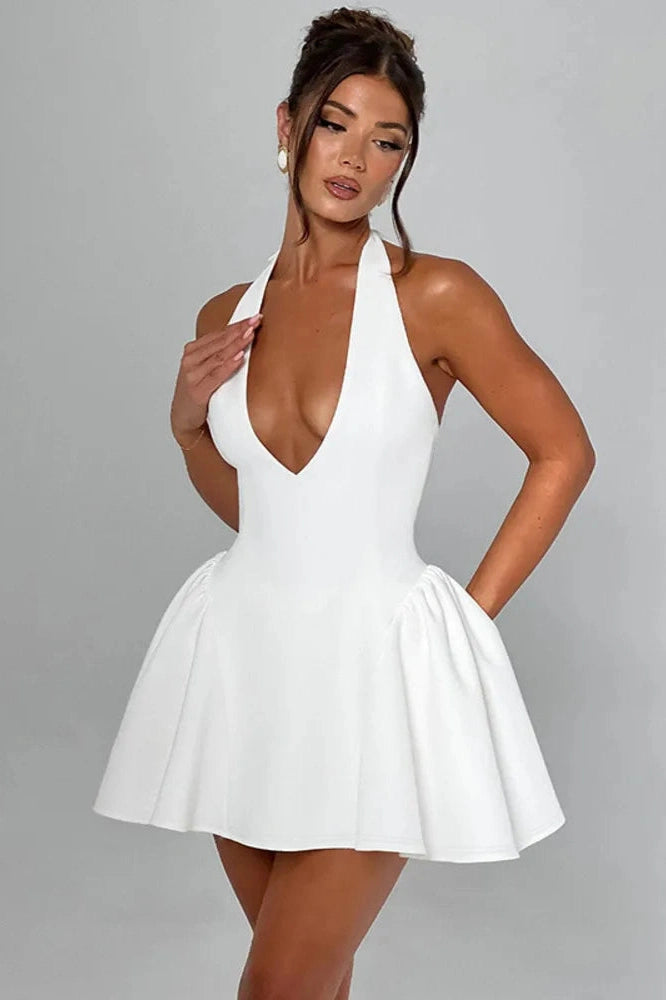 Glorol - Deep V Neck Sleeveless Backless High Waist A-line Mini Dress