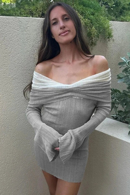 Glorol - Off-Shoulder Knitted Long Sleeve Slim Backless Mini Dress