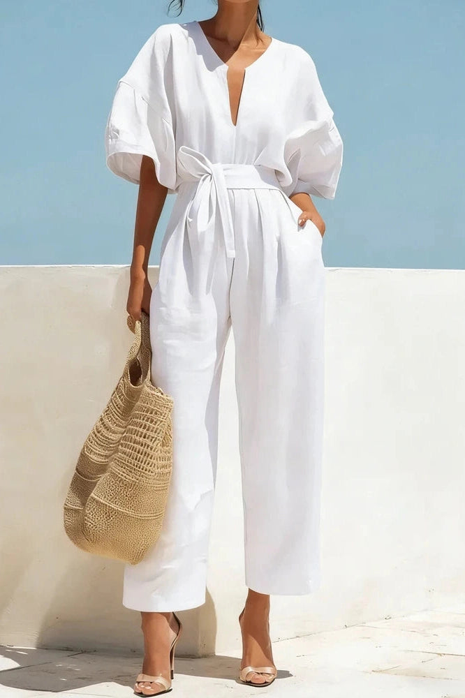 Glorol - Lace-Up Waist Cotton V-Neck Half Sleeve Jumpsuit