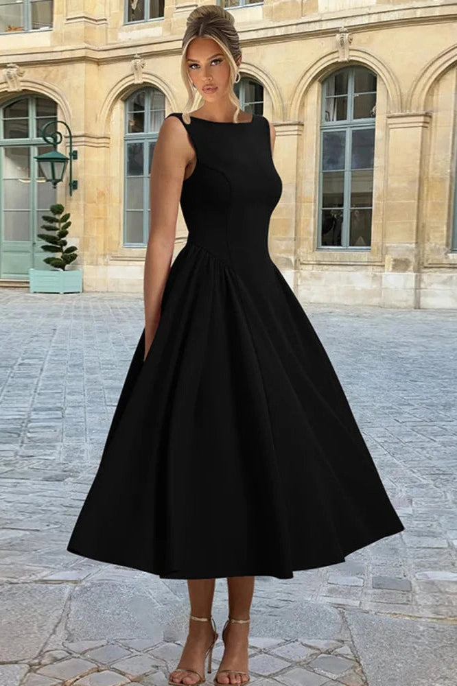 Glorol - Sleeveless Pleated O Neck High Waist A-Line Midi Dress