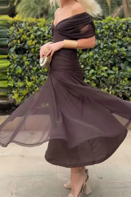 Glorol - Printed Shawl Sleeve High Waist Pleated V-Neck Off Shoulder Maxi Dress