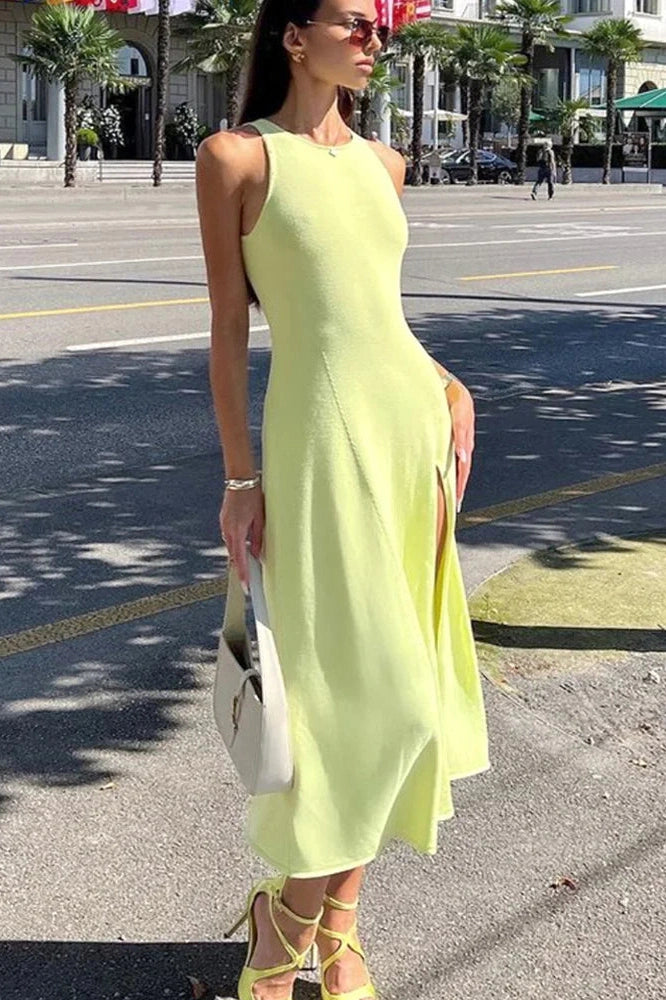 Glorol - Sleeveless Slim Bodycon High Split Midi Dress