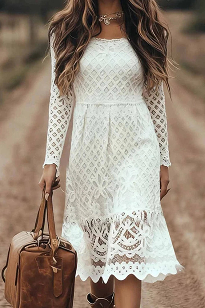 Glorol - Lace Embroidery U-Collar Long Sleeve High Waist Midi Dress