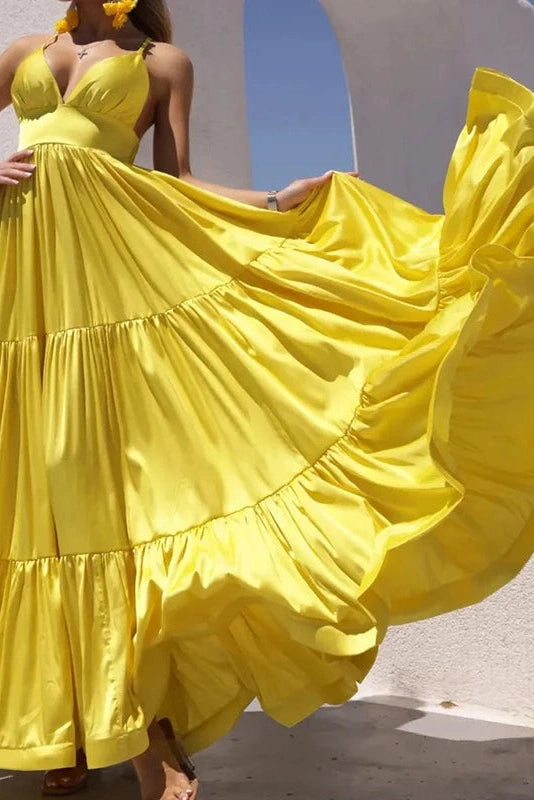 Glorol - Pleated V-Neck Sleeveless High Waist Maxi Dress