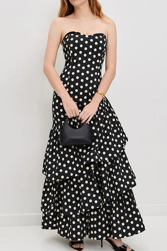 Glorol - Elegant Off Shoulder High Waist Polka Dot Print Maxi Dress