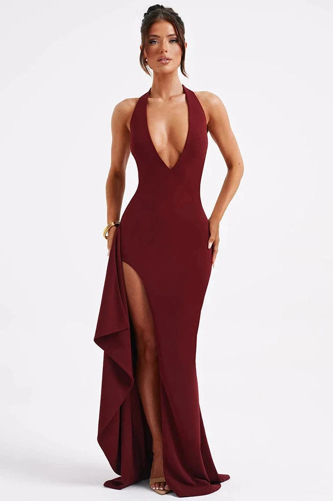 Glorol - Deep V Neck Sleeveless Backless Split Bodycon Maxi Dress