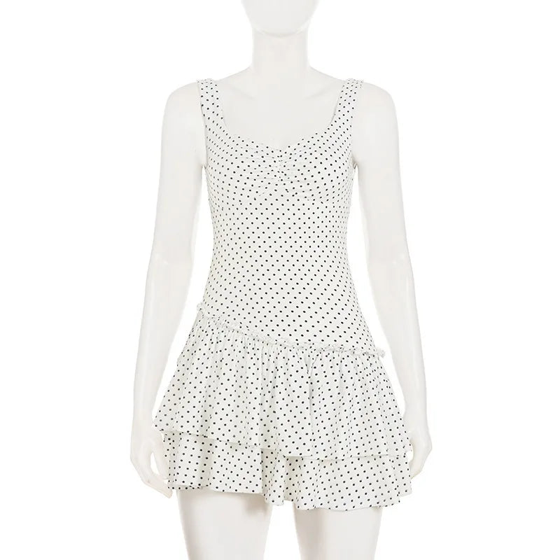 Glorol - Polka Dot Pleated Slim Sleeveless High Waist Mini Dress