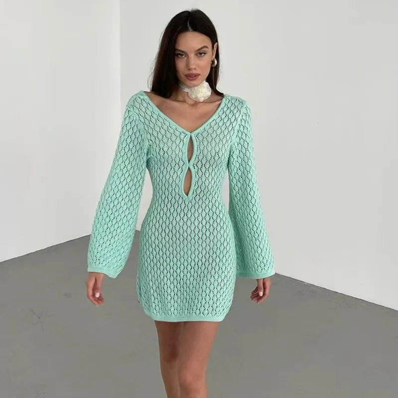 Glorol - Hollow Out Long Sleeve Backless Mini Dress