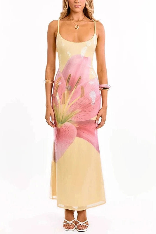 Glorol - Floral Print Sleeveless Slim High Waist Backless Maxi Dress