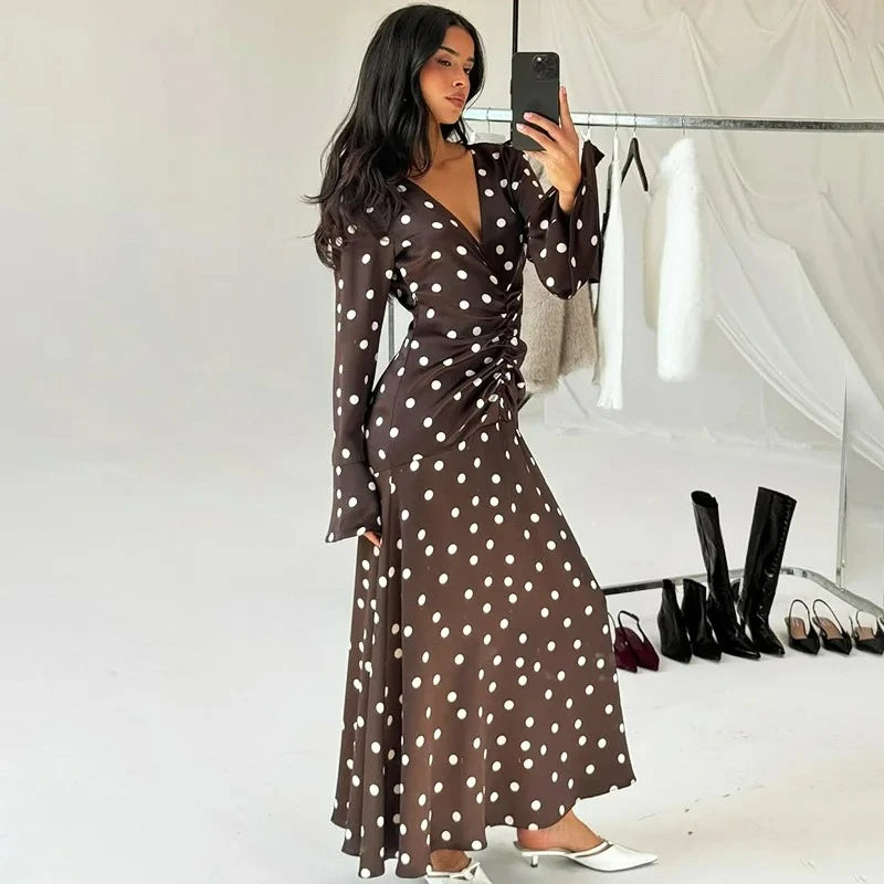 Glorol - Elegant V-Neck Polka Dot Patchwork Maxi Dress