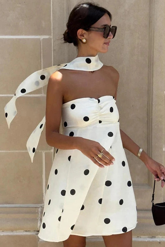 Glorol - Polka Dot Off-Shoulder Backless Pleated Strapless Mini Dress